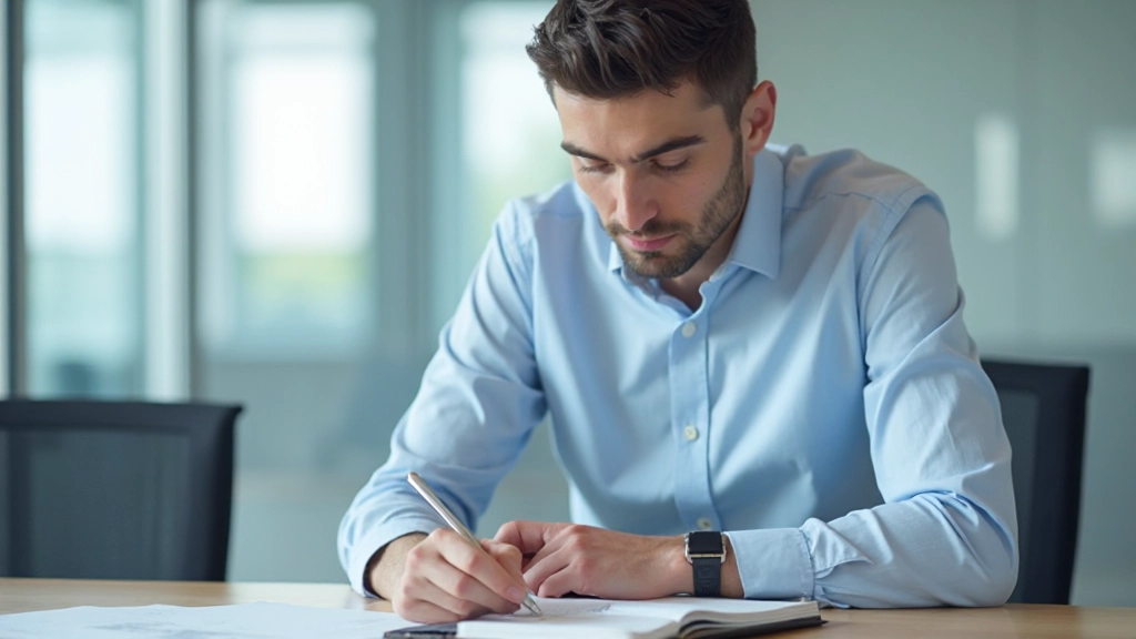 Мужчина делает заметки во время конференции в современном конференц-зале