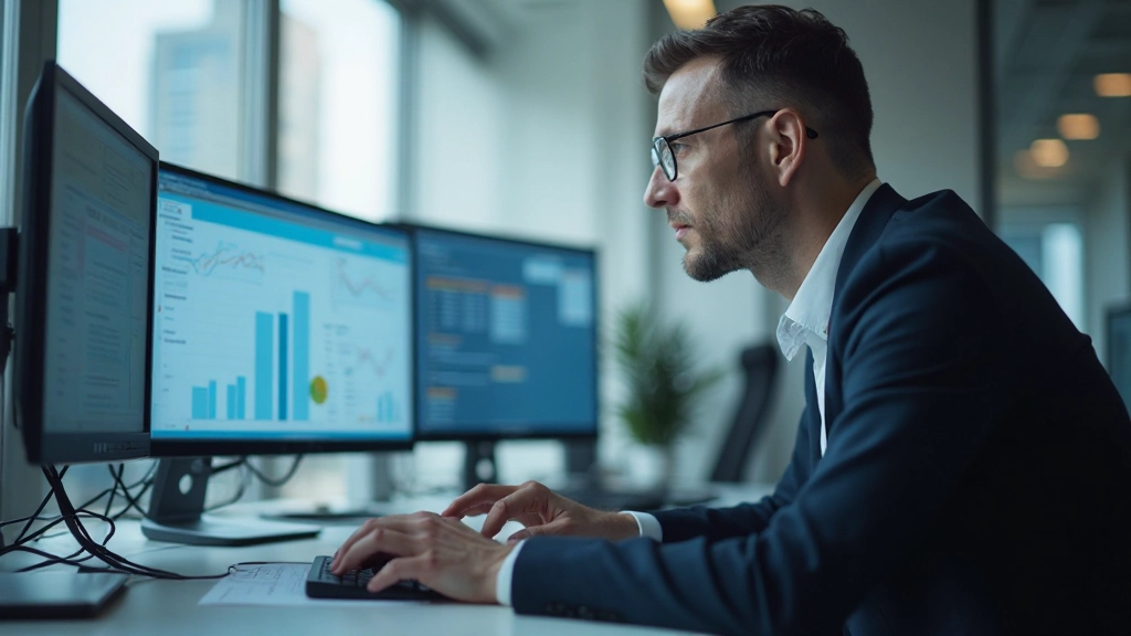 Аналитик работает с данными на мониторе, анализируя большие объемы информации и графики