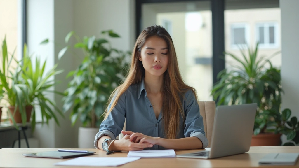 Человек медитирует в спокойной рабочей обстановке с растениями и естественным освещением